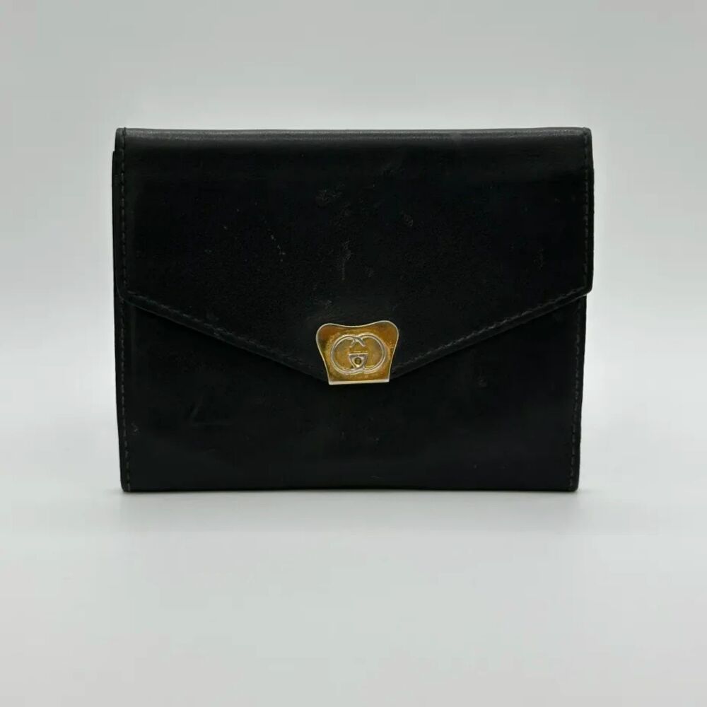 Vintage Gucci Gold Toned Black Leather Bifold Wallet